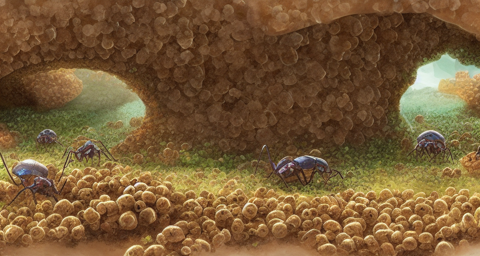 Inside of an anthill where ants are bringing food to their queen, concept art