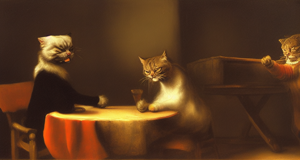 An oil painting of two angry cats arguing over a table made by Rembrandt