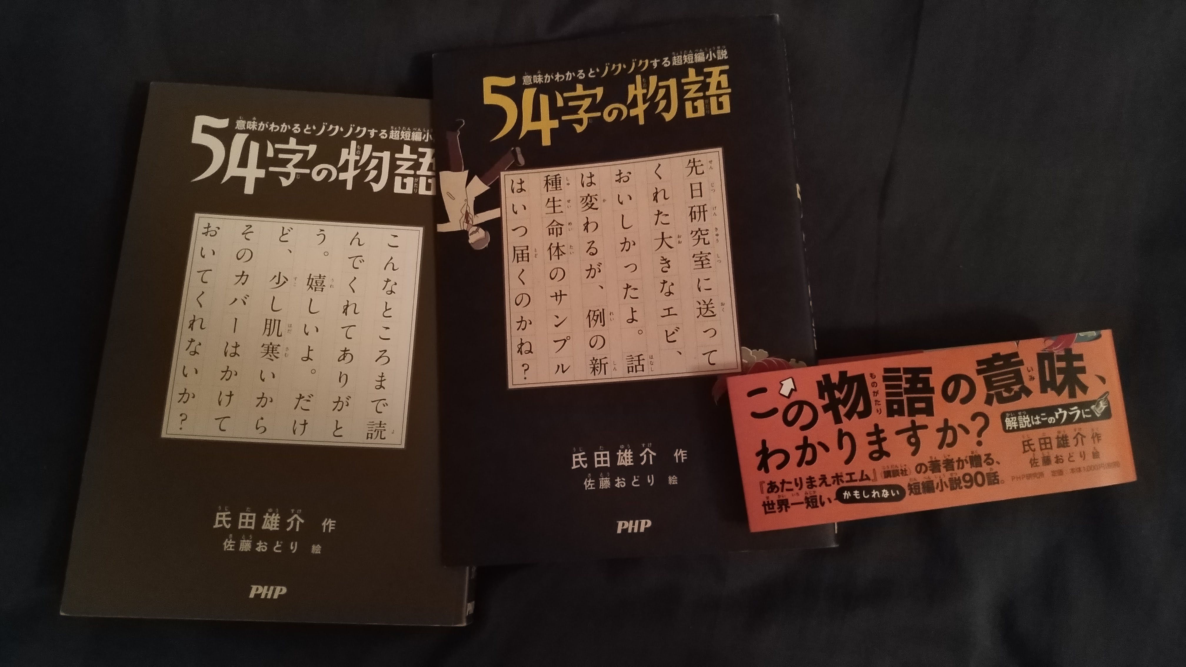 Belly-band and dust cover next to the gray cover showing a short story: こんなところまで読んでくれてありがとう。嬉しいよ。だけど、少し肌寒いからそのカバーはかけておいてくれないか？